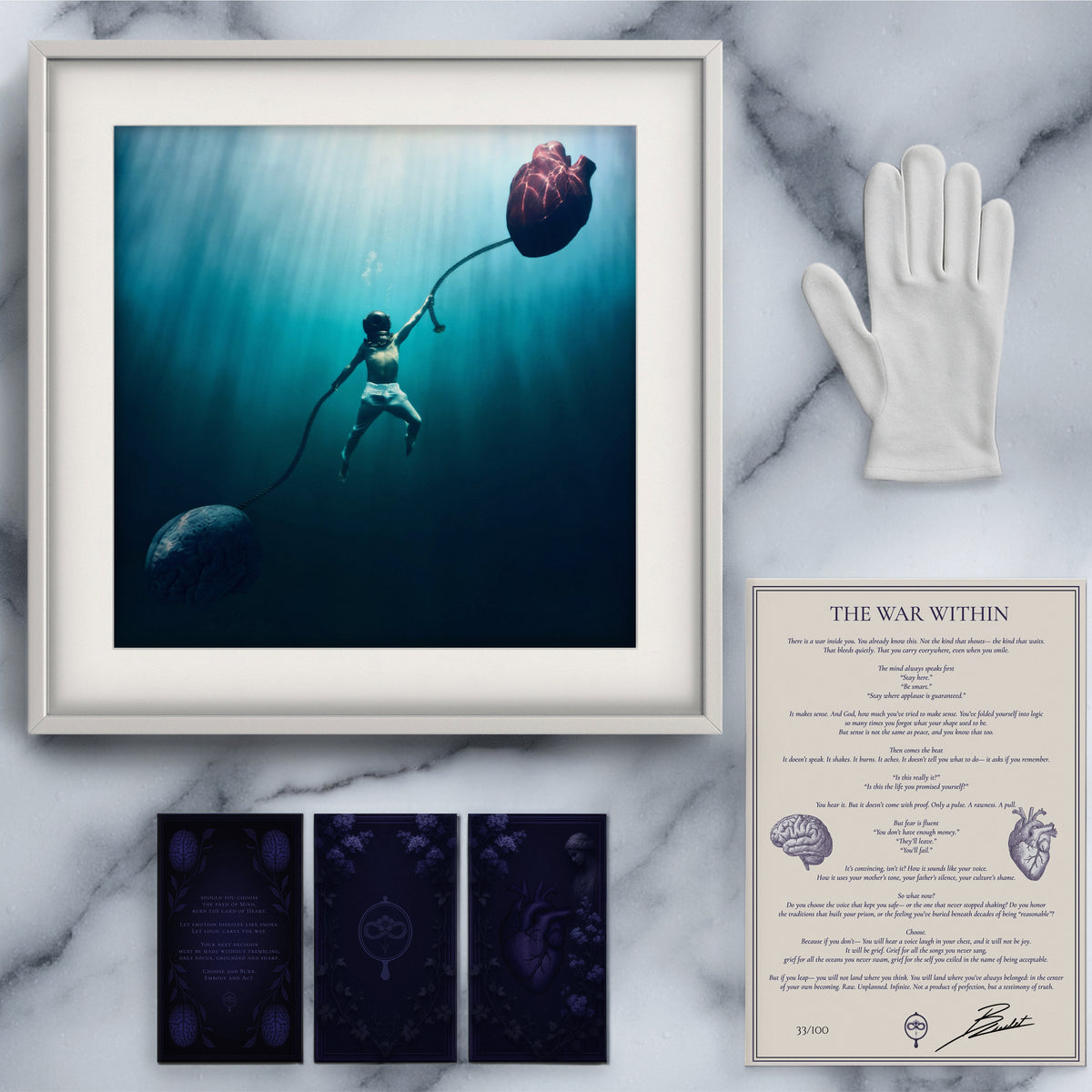 The War Within, framed, with its manuscript, ritual cards and a white glove