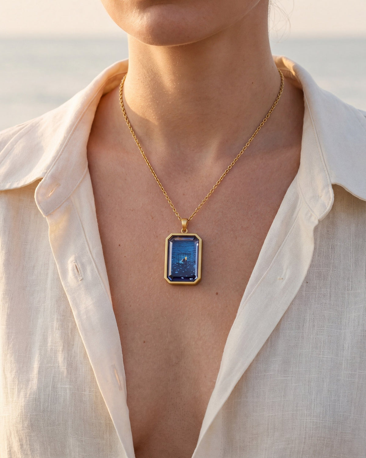 Letters To The Subconscious, the Amulet by Mirrors by Viulet, ivory linen, worn, the artwork facing out