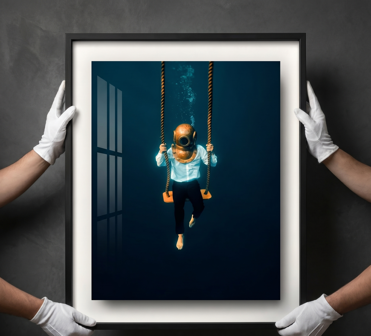 The Observer, framed, presented by gloved hands