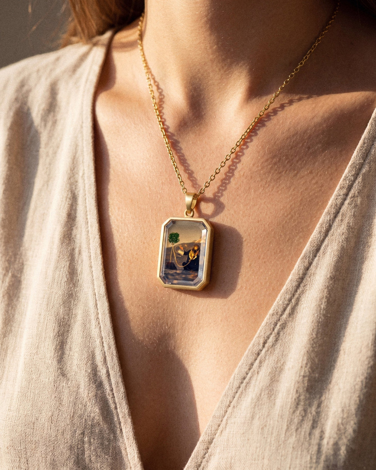 The Noxious Orchard Of Vice, the Amulet by Mirrors by Viulet, sand linen, worn, the artwork facing out