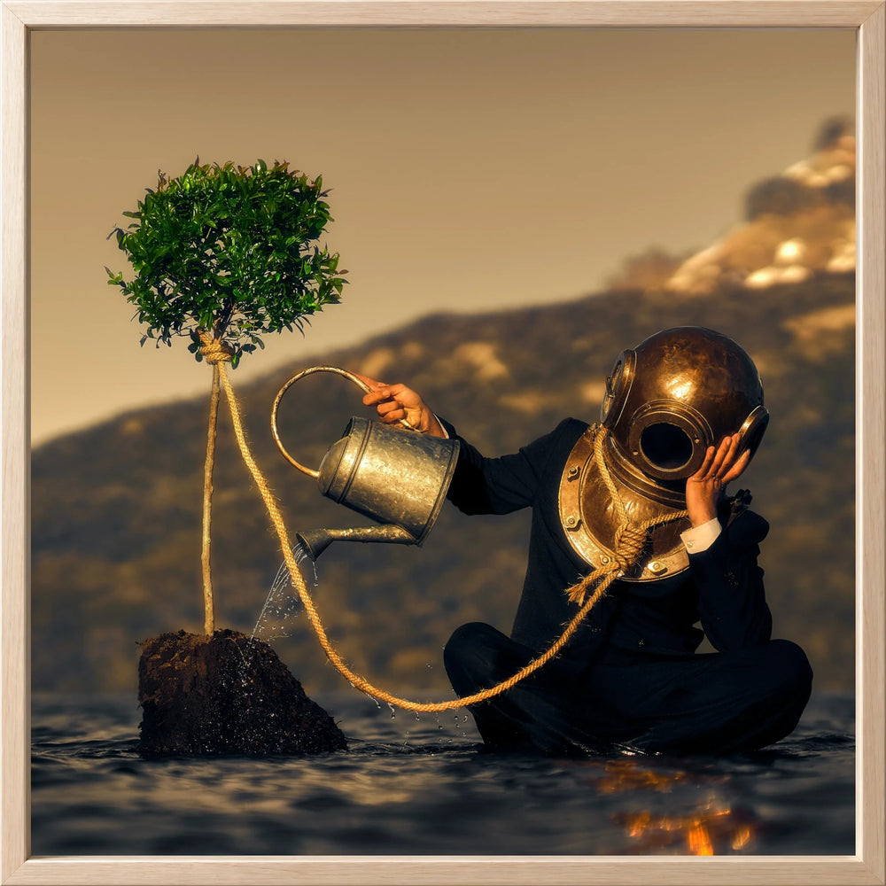 A seated figure in a diving helmet tends a small tree, presented Lined in Atelier Wood
