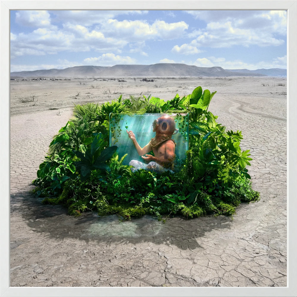 A lush green garden surrounds a figure in a dry, pale landscape, presented Lined in Seraph White