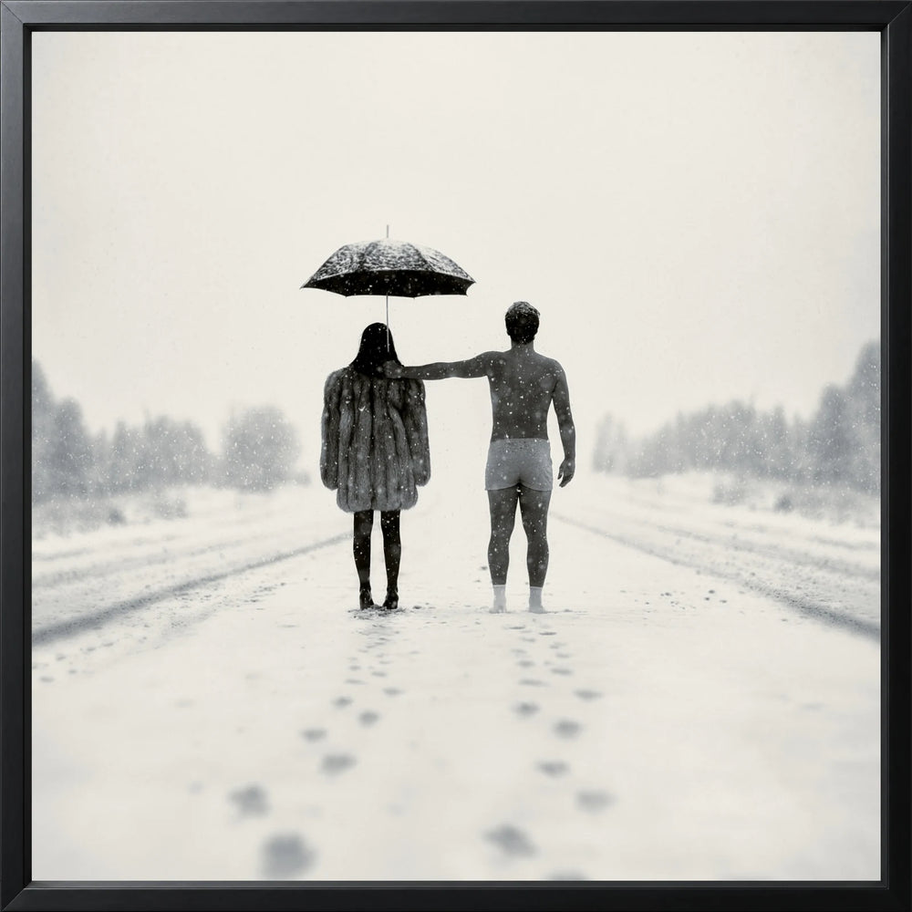 Two people stand together beneath an umbrella on a snowy road, presented Lined in Nocturne Black