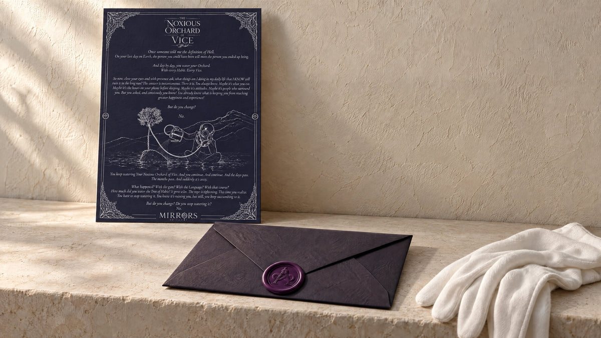 The manuscript of The Noxious Orchard Of Vice, with the dark Avalon envelope and white handling gloves