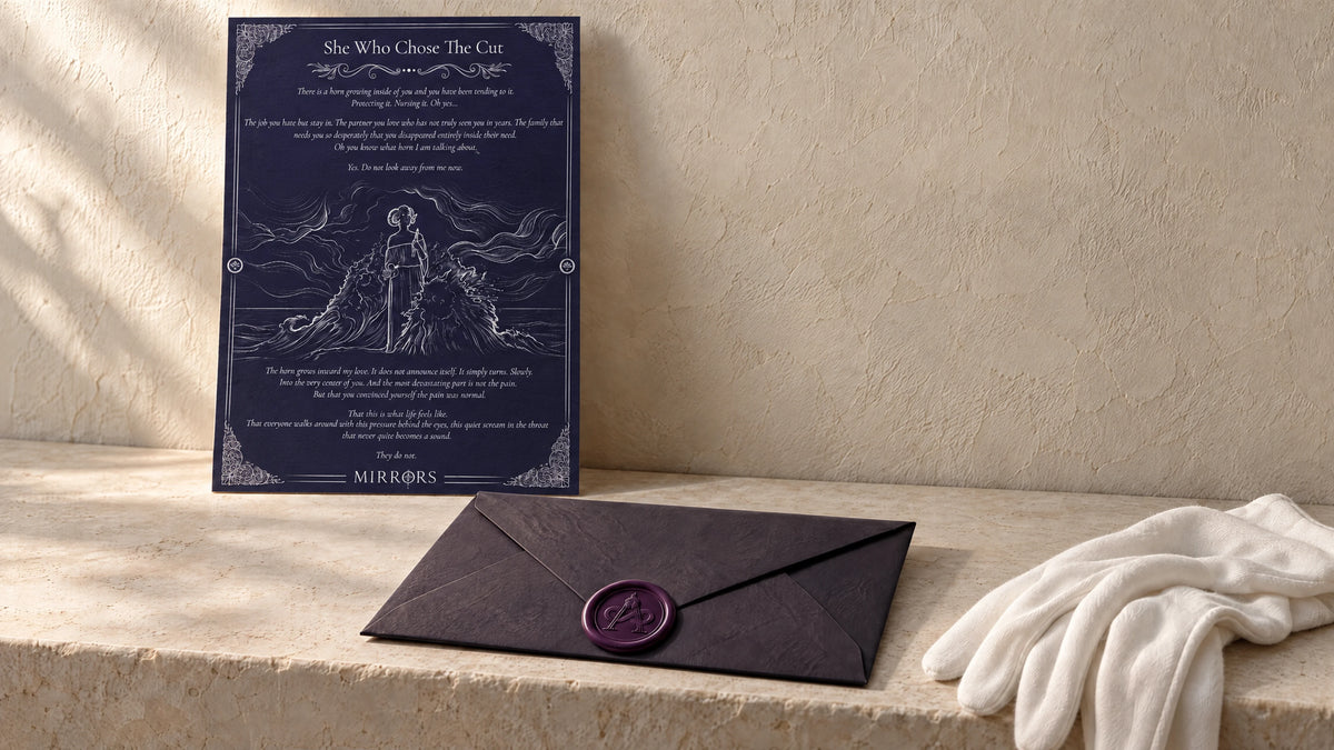 The manuscript of She Who Chose The Cut, with the dark Avalon envelope and white handling gloves