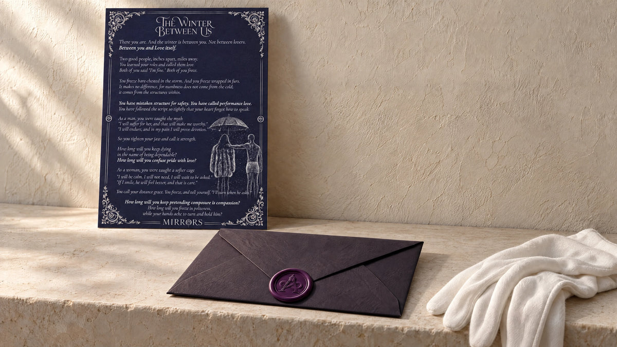 The manuscript of The Winter Between Us, with the dark Avalon envelope and white handling gloves