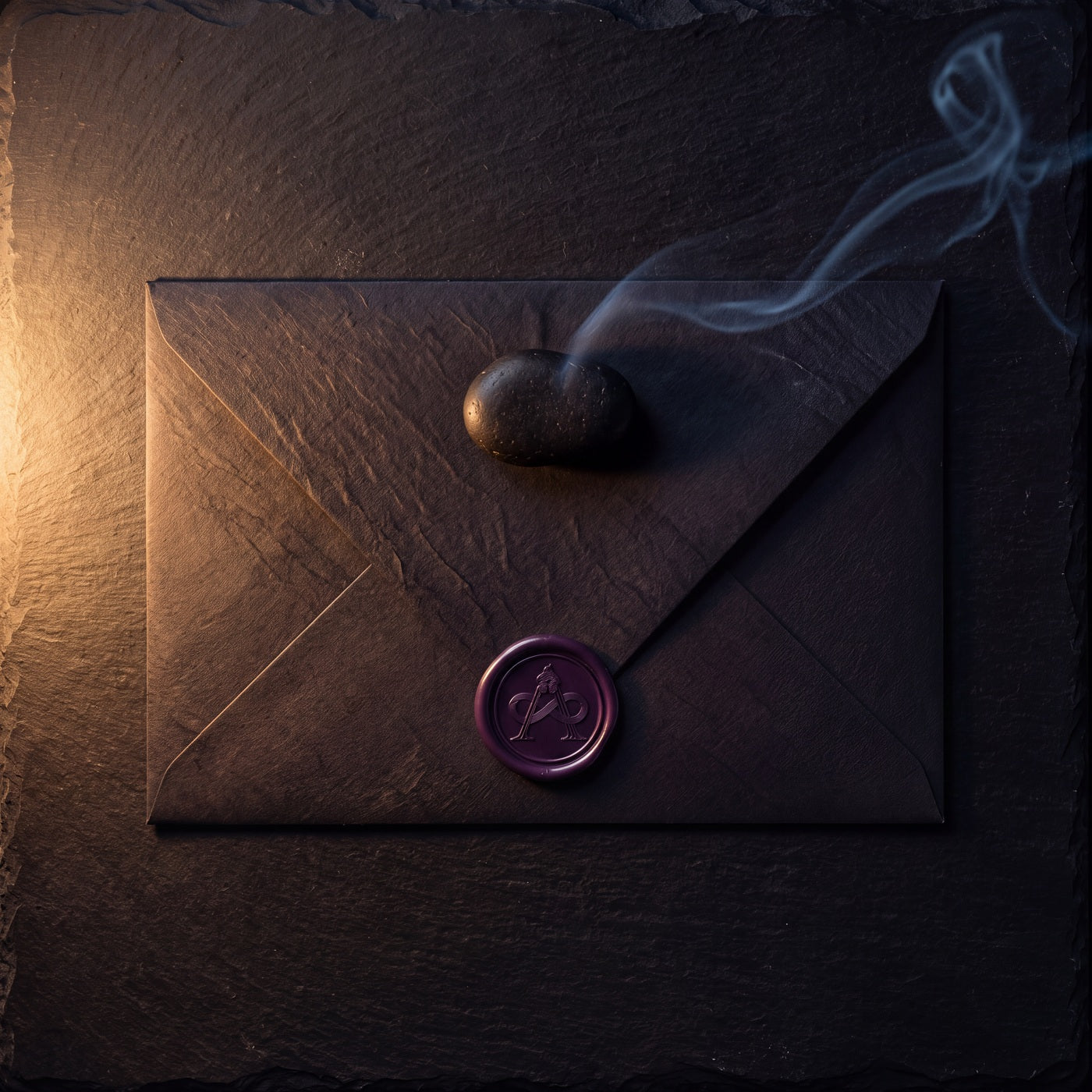 The dark Avalon envelope with its ornate A wax seal