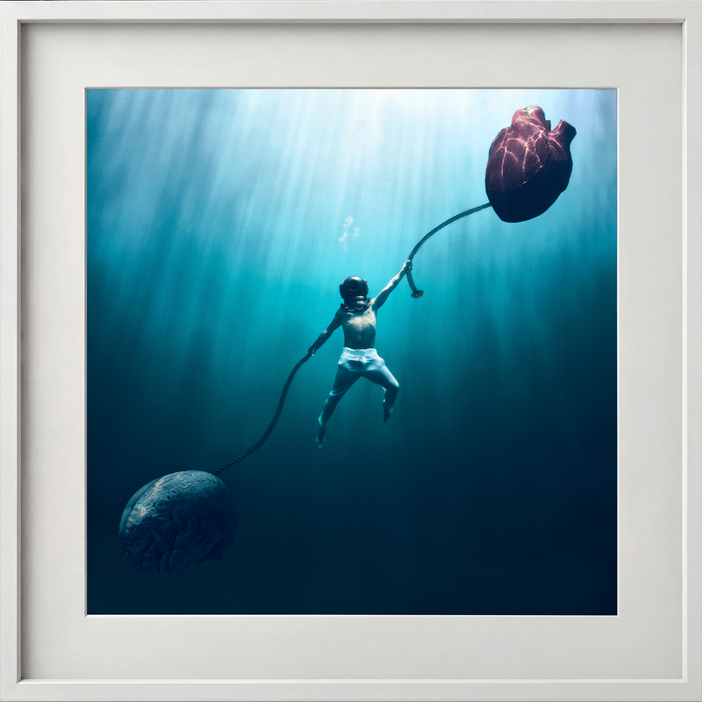 The War Within, a figure underwater between a heart and a stone