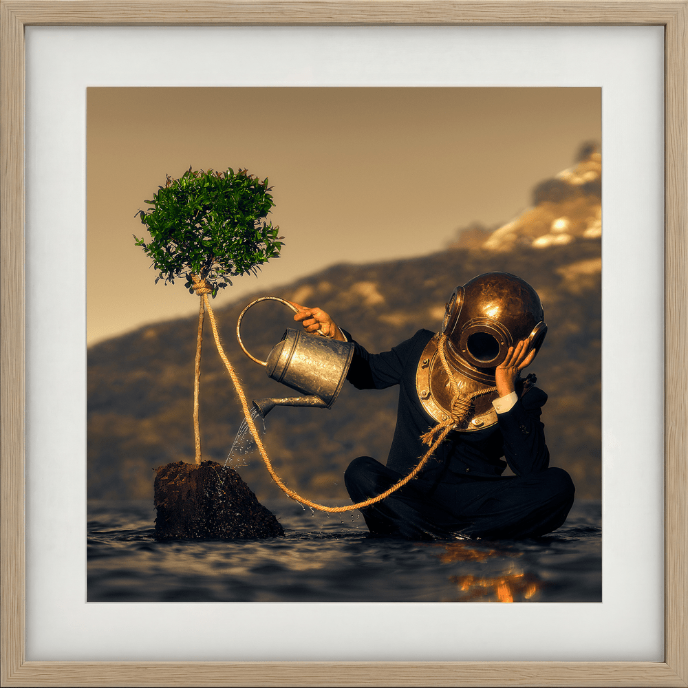 The Noxious Orchard of Vice, a seated diver tending a solitary tree