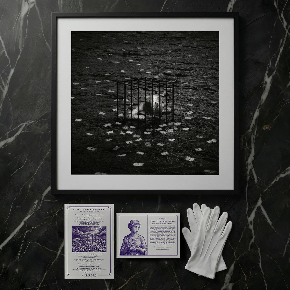 Letters To The Subconscious, B&W Edition, framed, with its manuscript and white gloves