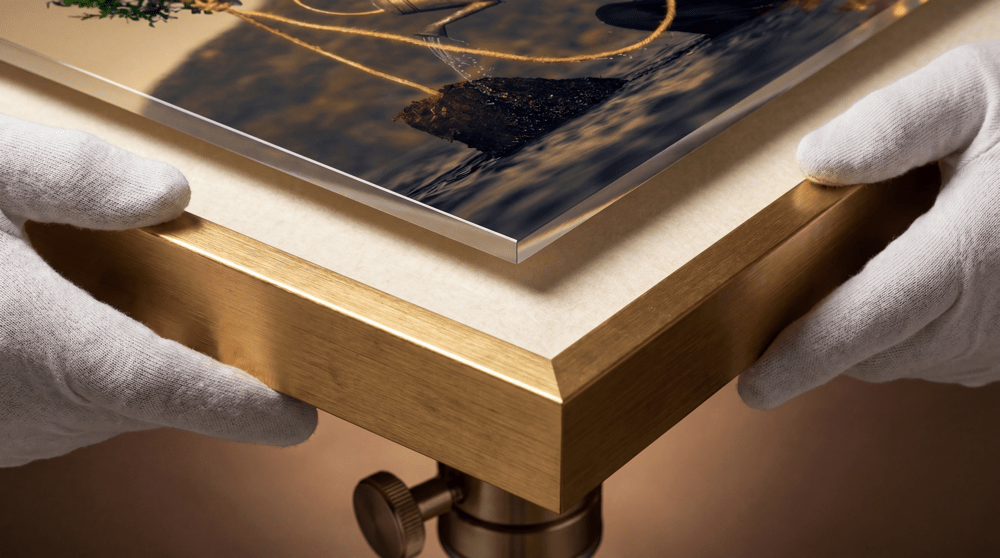 Gloved hands on the corner of The Noxious Orchard Of Vice: the edge of the acrylic, a cream mat and a gold frame