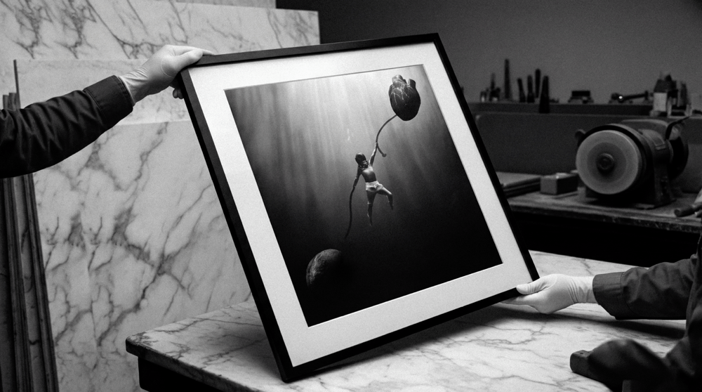 The War Within, framed, set down by gloved hands in the Atelier