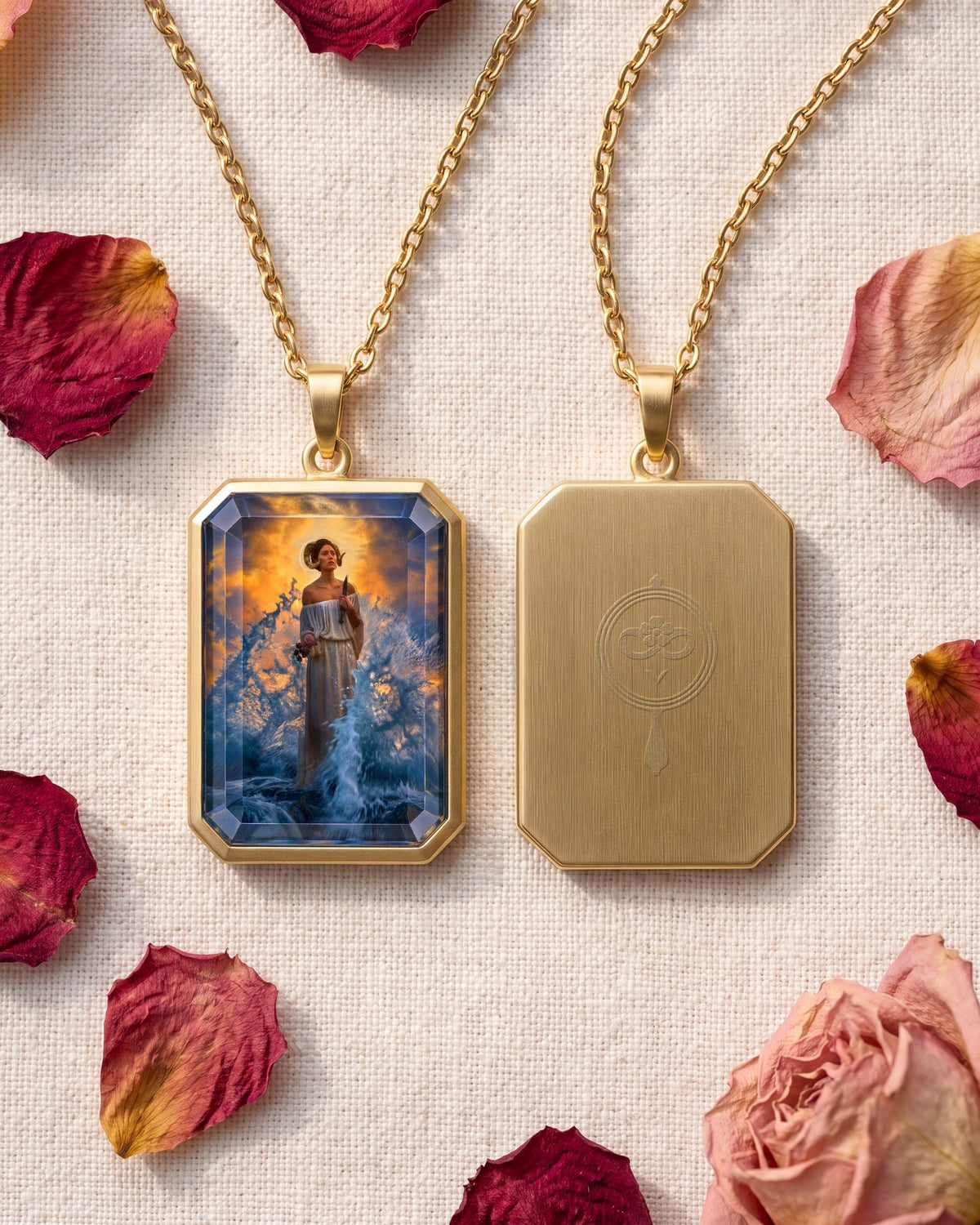 She Who Chose The Cut, the Amulet by Mirrors by Viulet, front and back, among rose petals