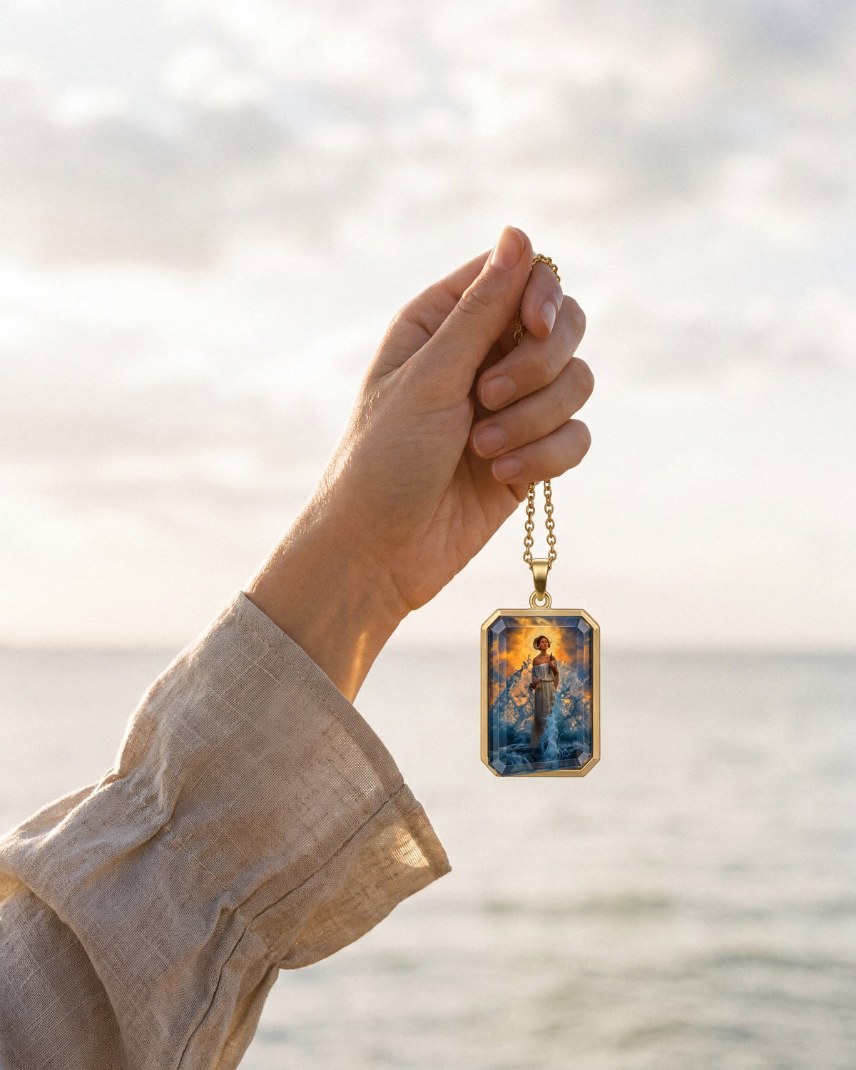 She Who Chose The Cut, the Amulet by Mirrors by Viulet, raw linen, held to the sea