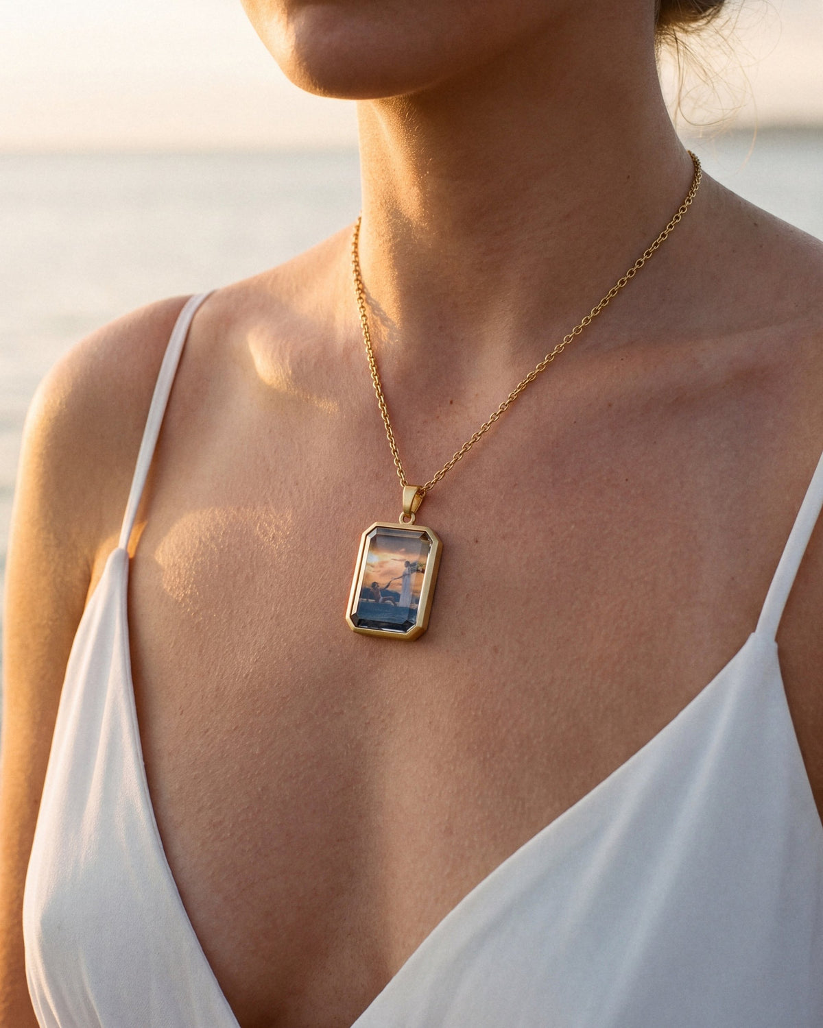 The Courage Of The Coward, the Amulet by Mirrors by Viulet, the white dress at sunset, worn, the artwork facing out