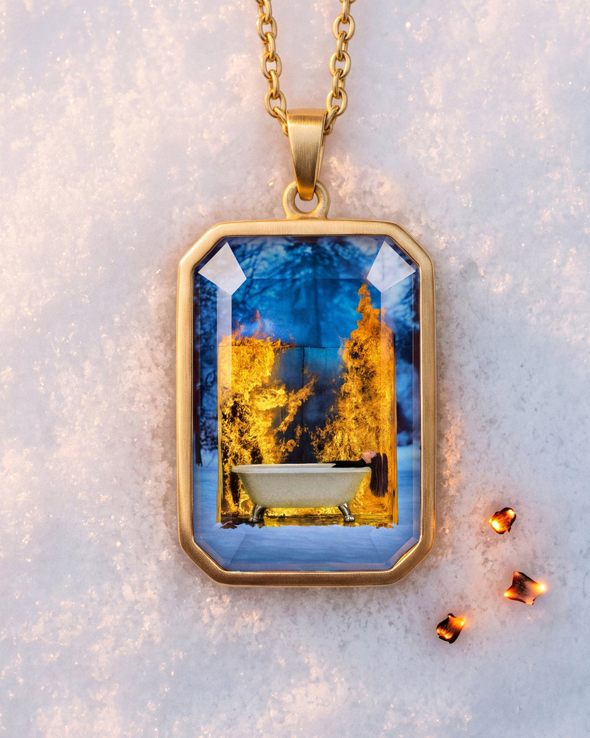 The Girl Who Burned, the Amulet by Mirrors by Viulet, the Amulet large in its own world, gold