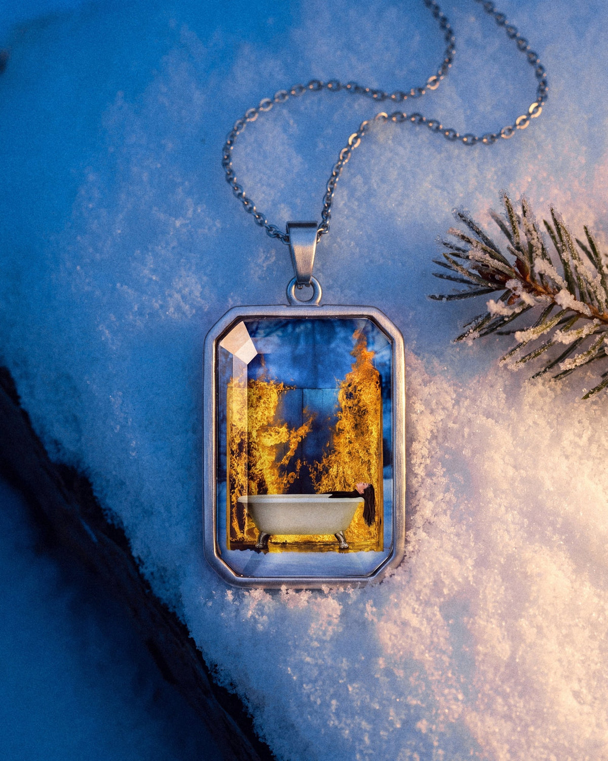 The Girl Who Burned, the Amulet by Mirrors by Viulet, in silver, snow and pine