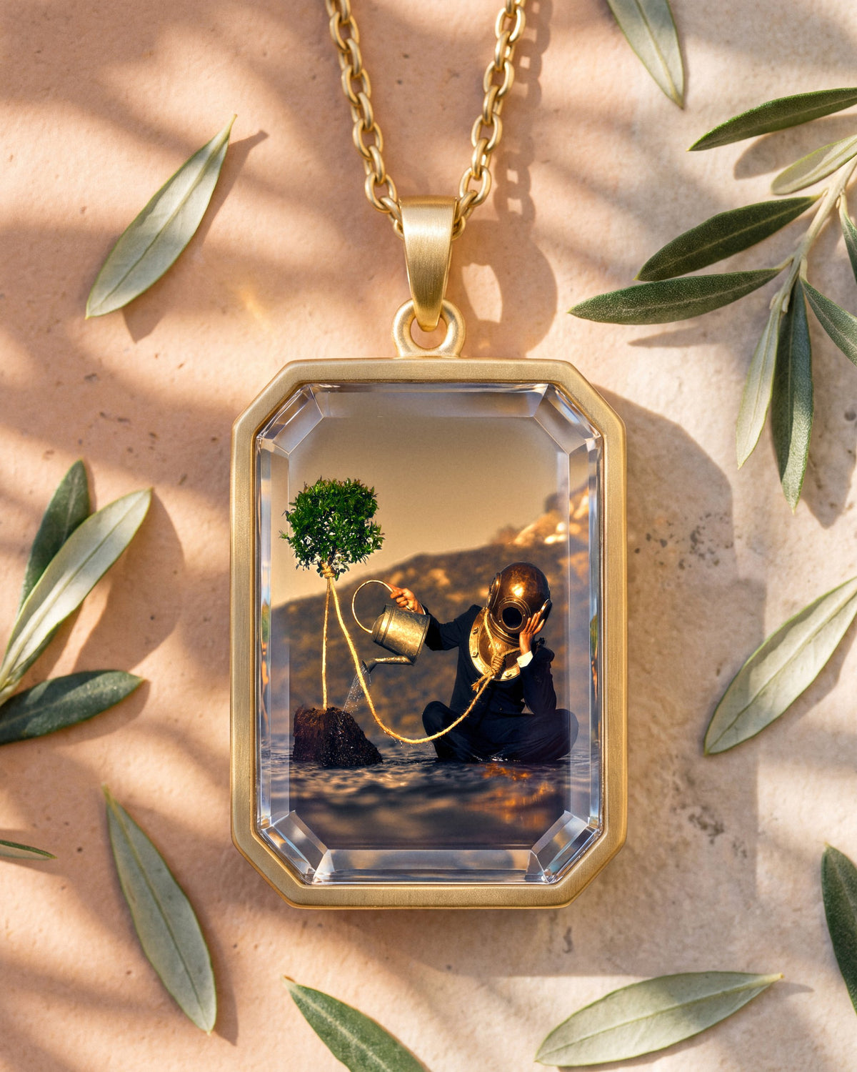 The Noxious Orchard Of Vice, the Amulet by Mirrors by Viulet, the Amulet large in its own world, gold