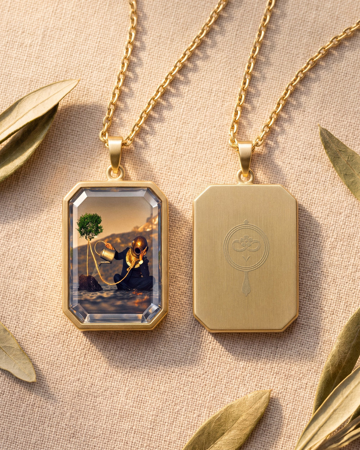 The Noxious Orchard Of Vice, the Amulet by Mirrors by Viulet, front and back, with olive leaves