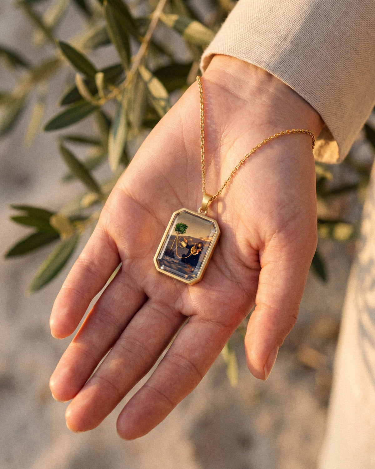 The Noxious Orchard Of Vice, the Amulet by Mirrors by Viulet, in her hand, golden hour