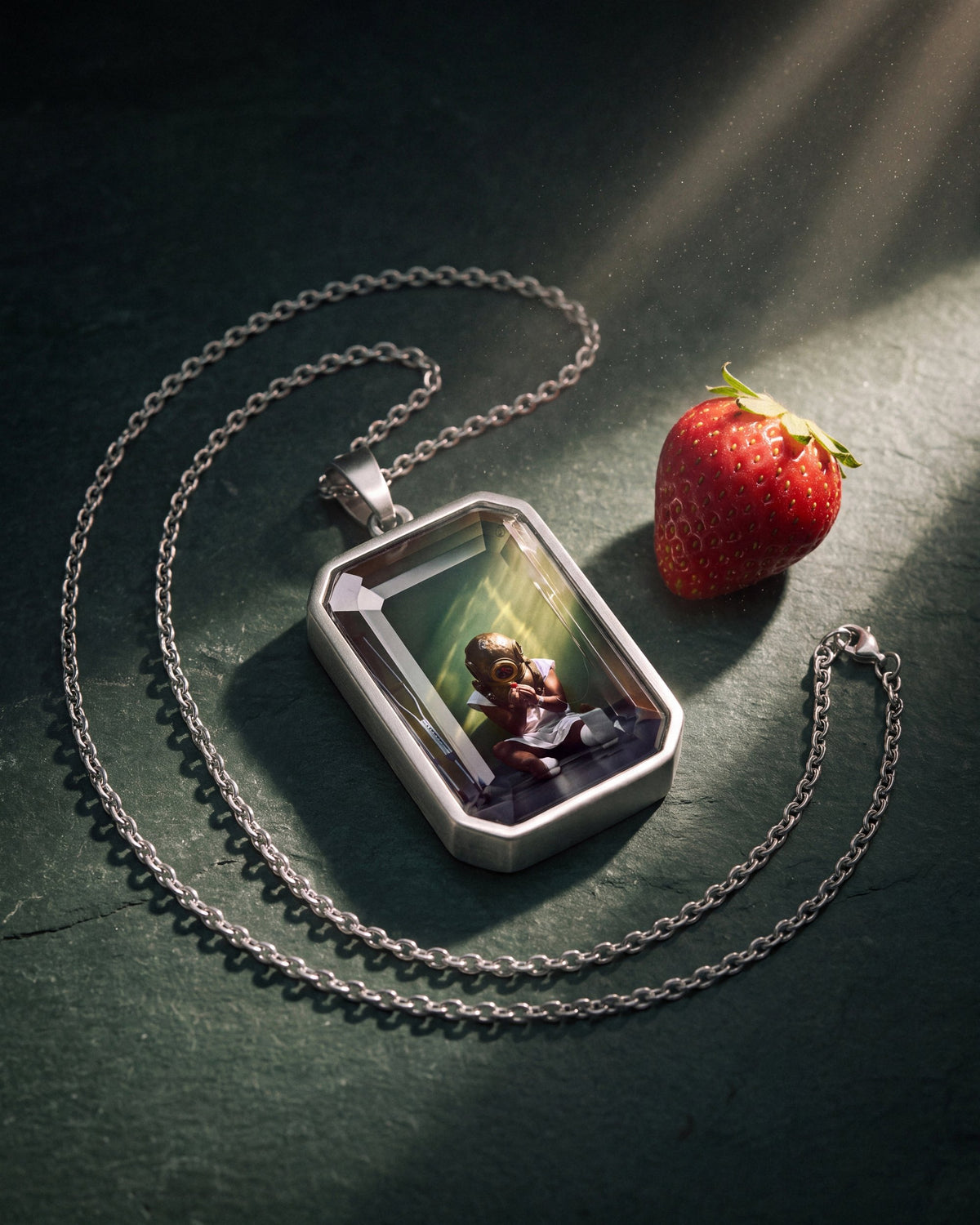 The Strawberry, the Amulet by Mirrors by Viulet, the Amulet large in its own world, silver, on the floor, in the light