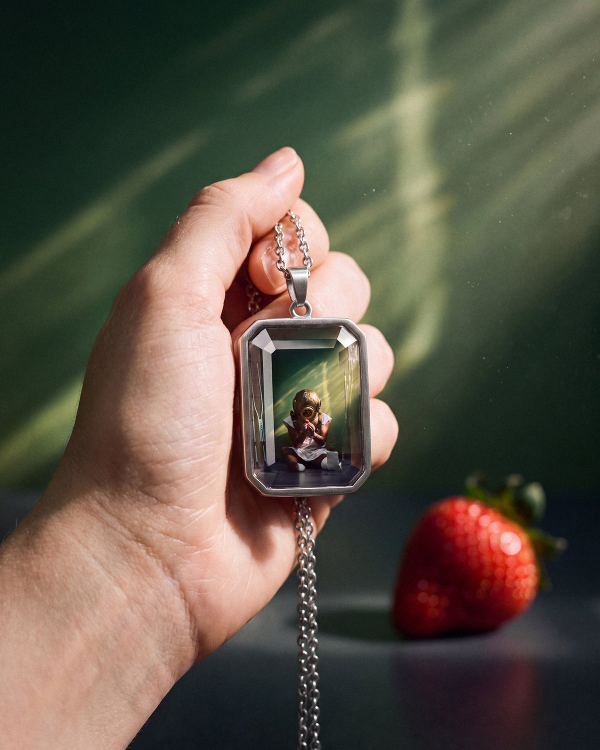 The Strawberry, the Amulet by Mirrors by Viulet, held up into the beam