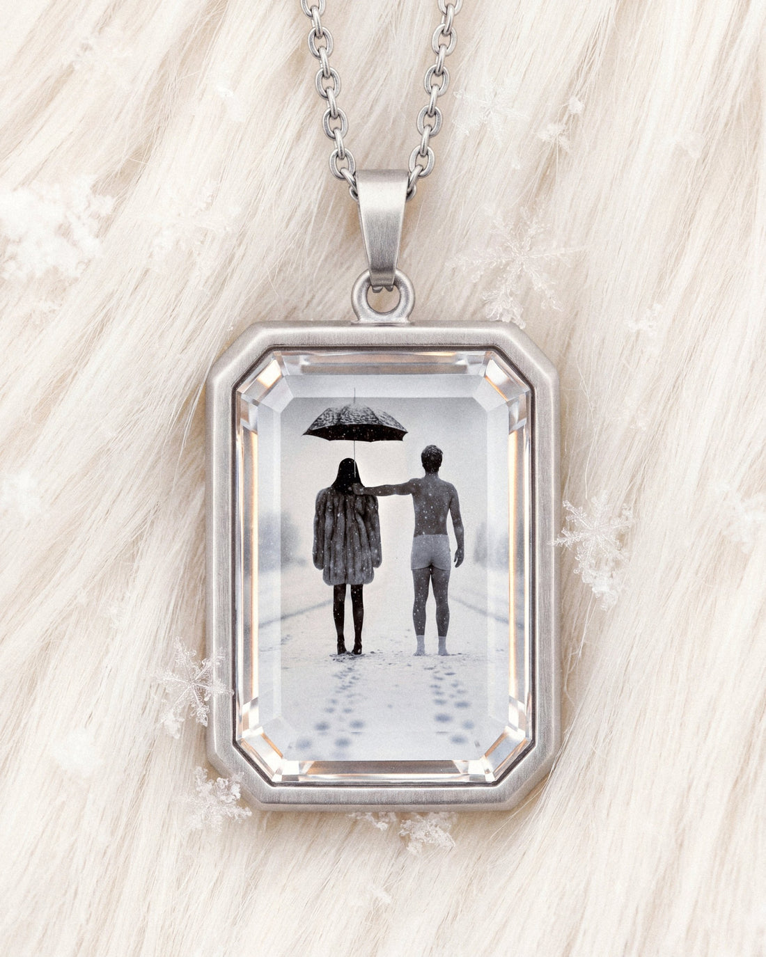 The Winter Between Us, the Amulet by Mirrors by Viulet, the Amulet large in its own world, silver, fur and snowflakes