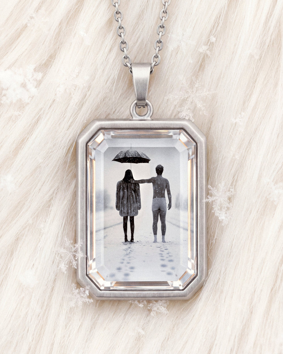 The Winter Between Us, the Amulet by Mirrors by Viulet, the Amulet large in its own world, silver, fur and snowflakes