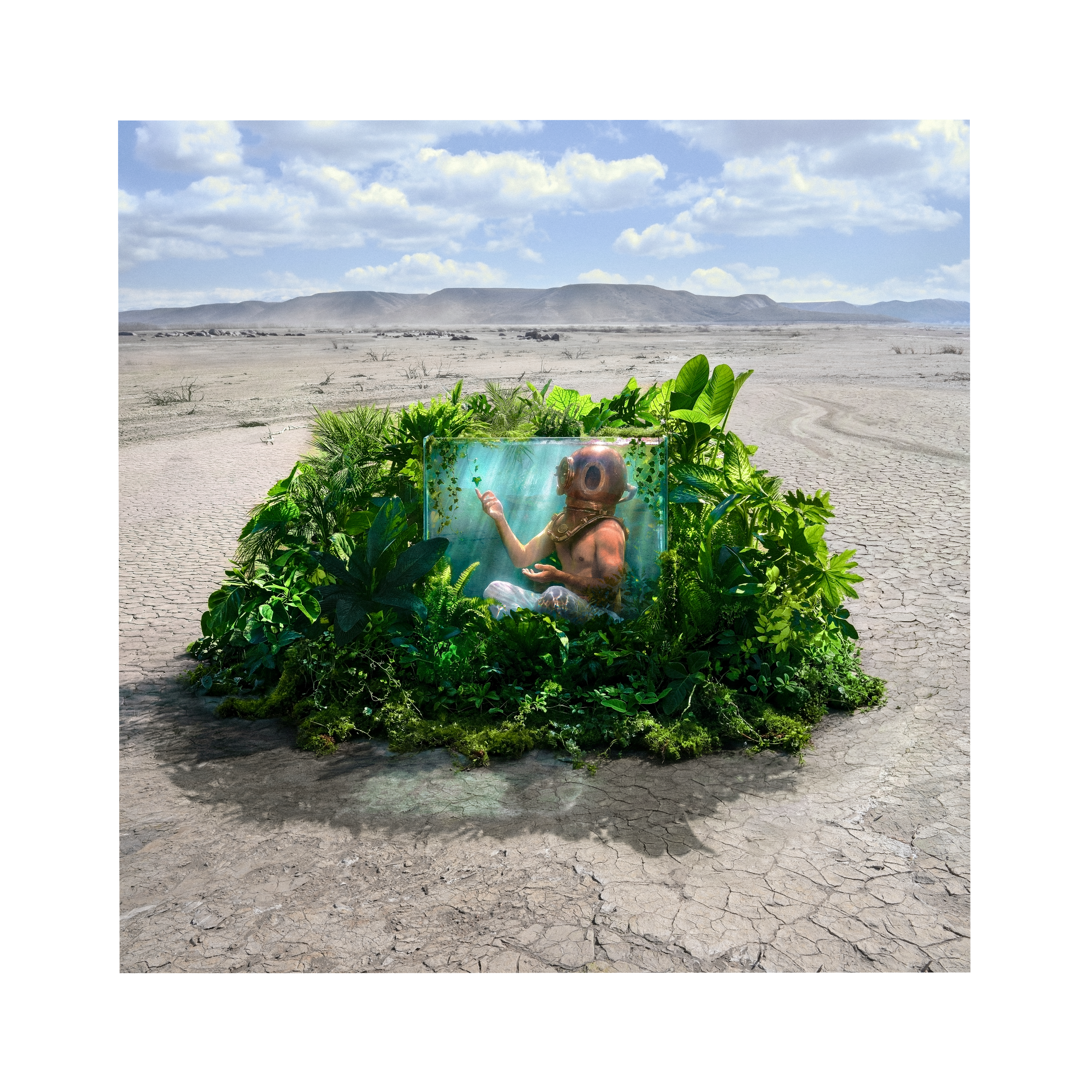The Soul’s Garden, a garden growing in a cracked desert around a figure in a diving helmet