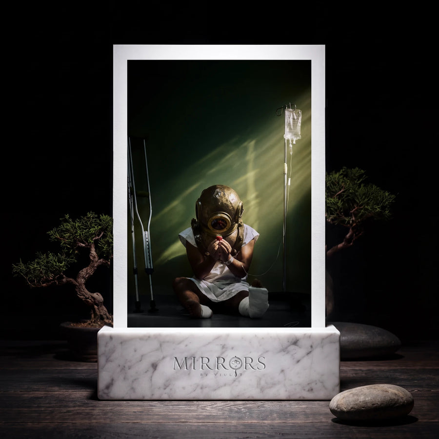 The Strawberry, the signed print, on the optional white marble base