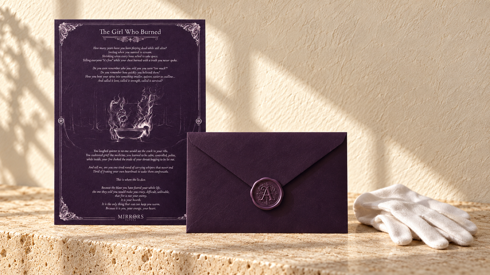 The Girl Who Burned manuscript, sealed envelope and handling gloves