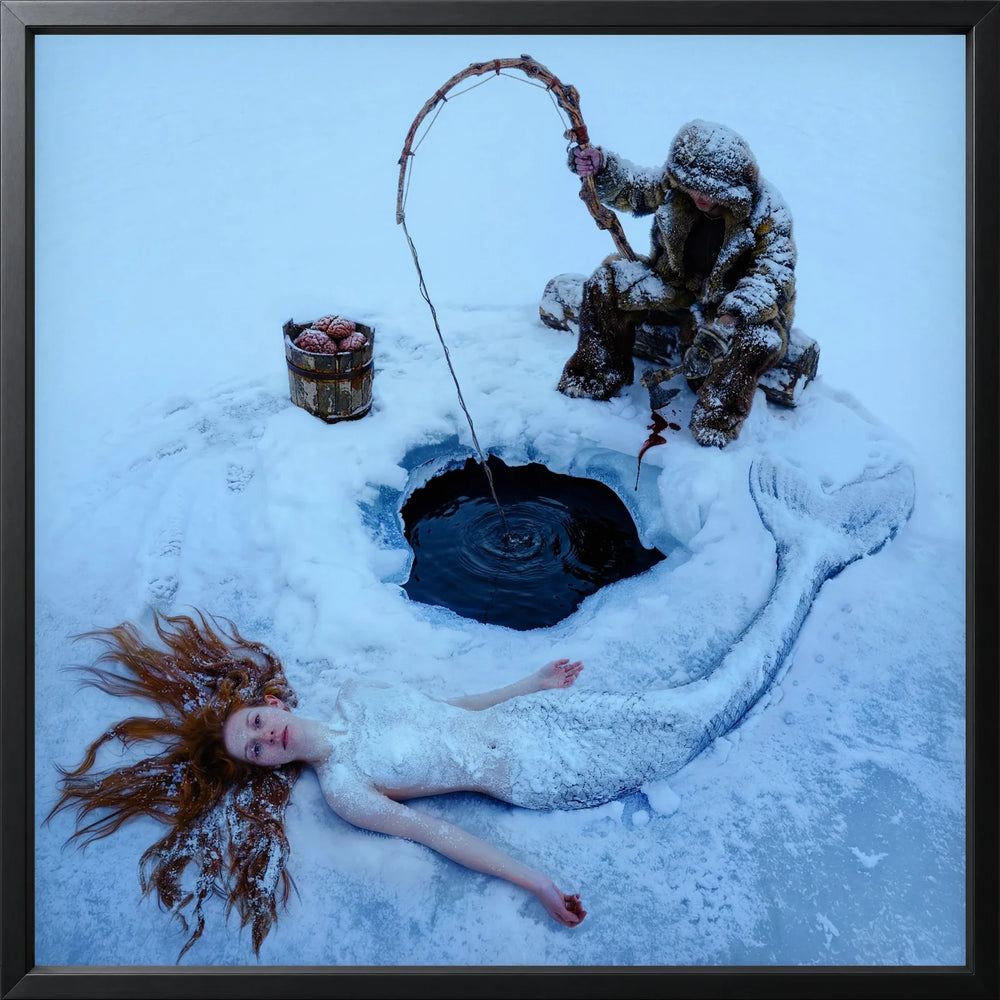 Dreamfisher, a pale blue surreal artwork, presented Lined in Nocturne Black