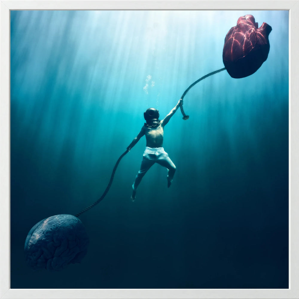 An underwater figure held between a heart above and a dark weight below, presented Lined in Seraph White