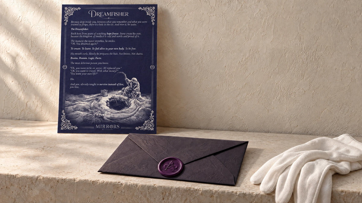 The manuscript of Dreamfisher, with the dark Avalon envelope and white handling gloves