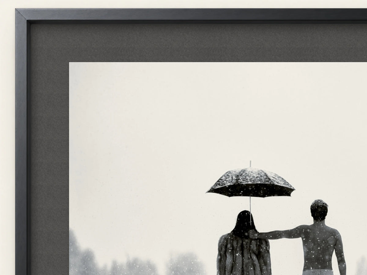 A close view of The Winter Between Us within its Nocturne Black frame and black mat