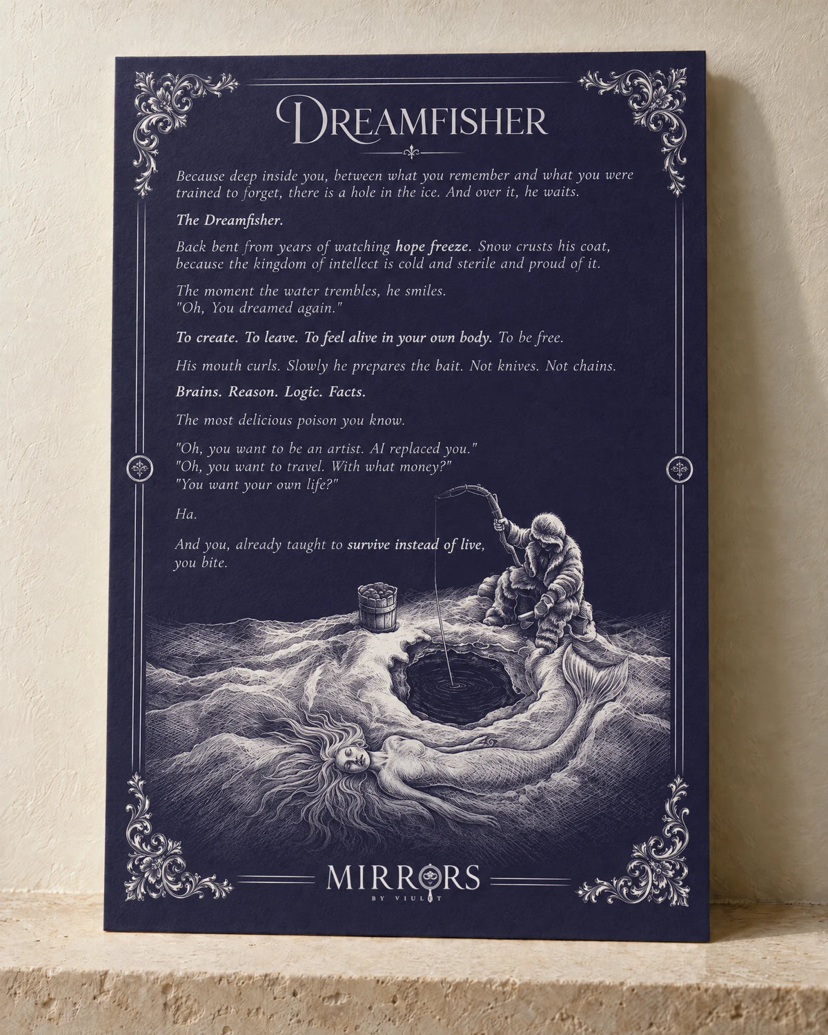 The illustrated manuscript of Dreamfisher, standing in soft light