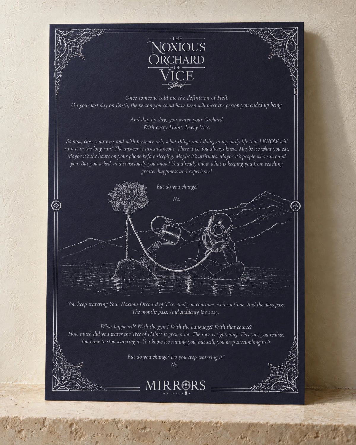 The illustrated manuscript of The Noxious Orchard Of Vice, standing in soft light