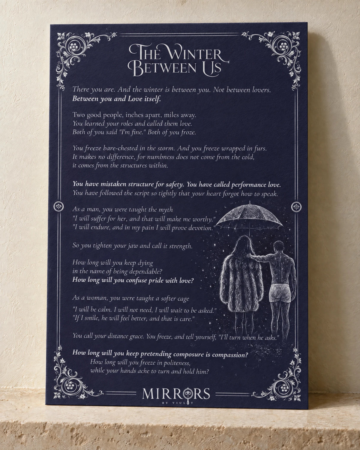 The illustrated manuscript of The Winter Between Us, standing in soft light