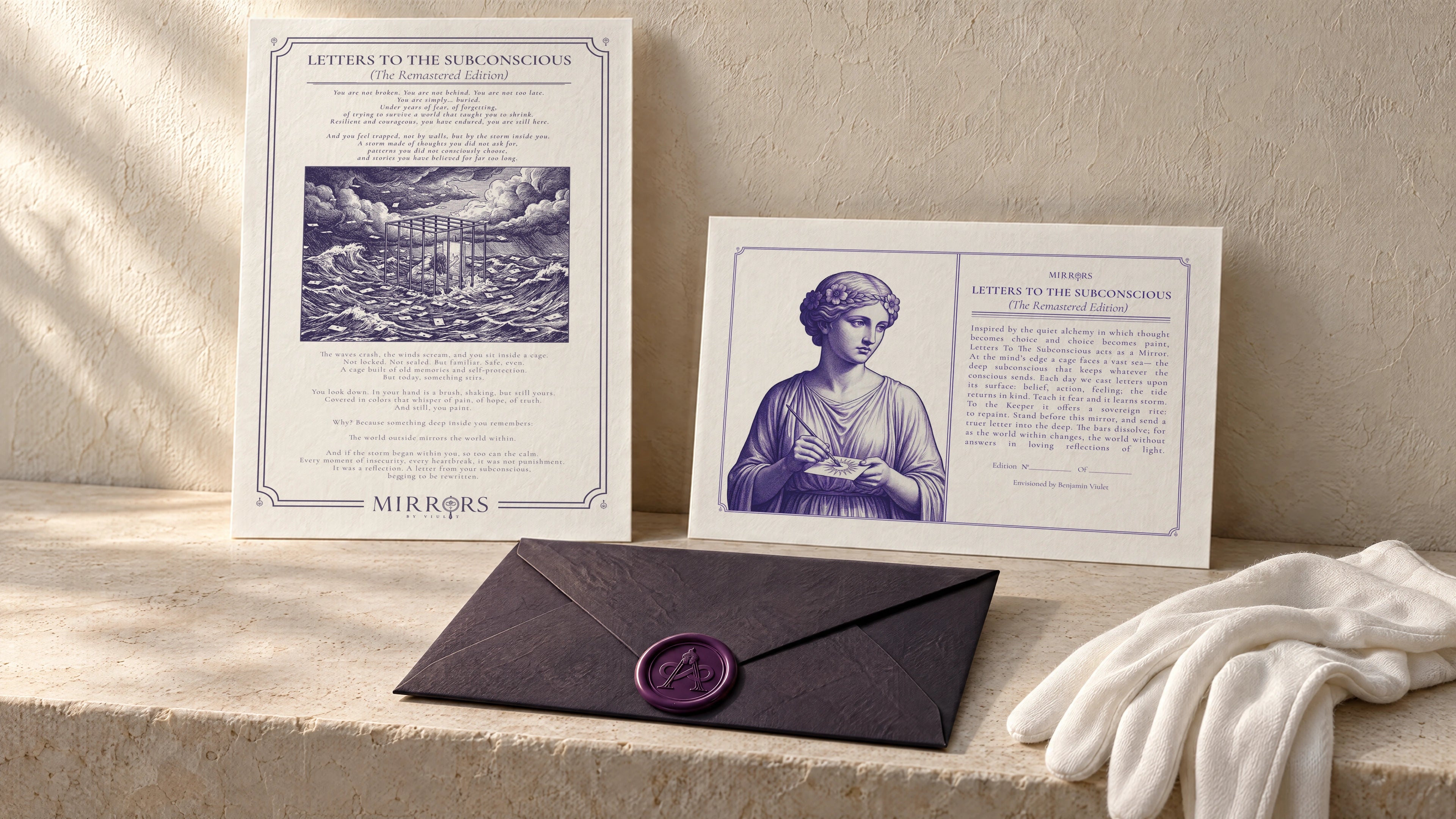 Your certificate and manuscript on neatly cut cotton paper, with the dark Avalon envelope and white handling gloves