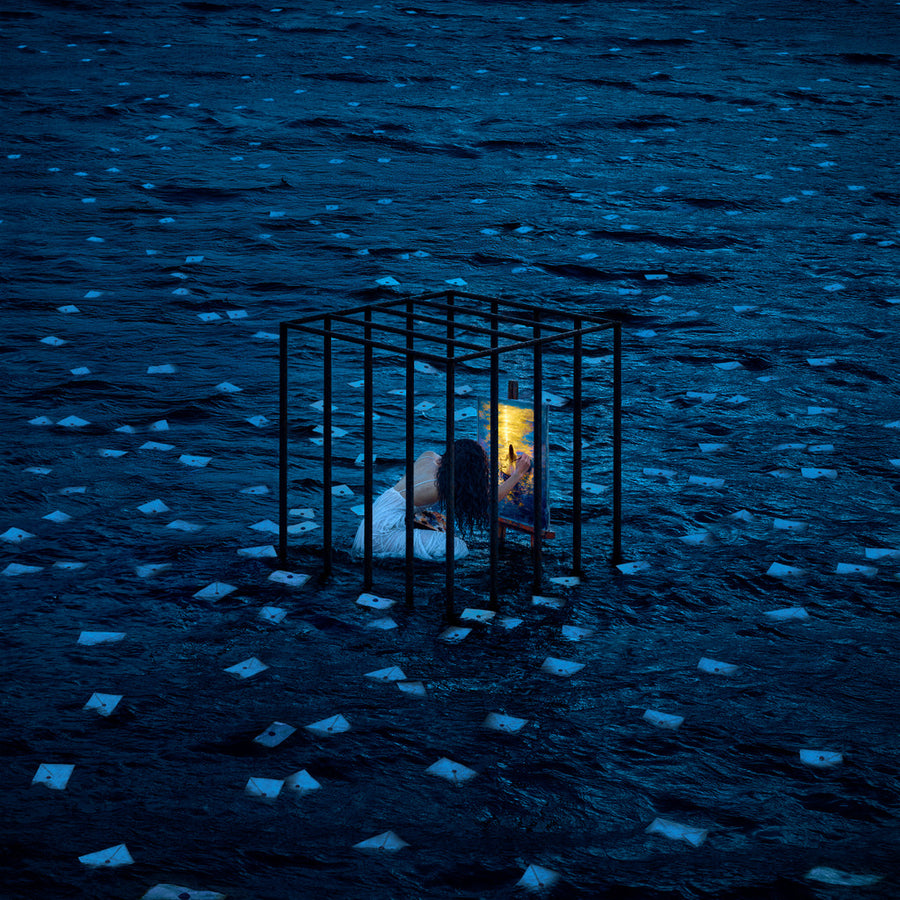 Letters To The Subconscious, a figure painting inside a cage on the water