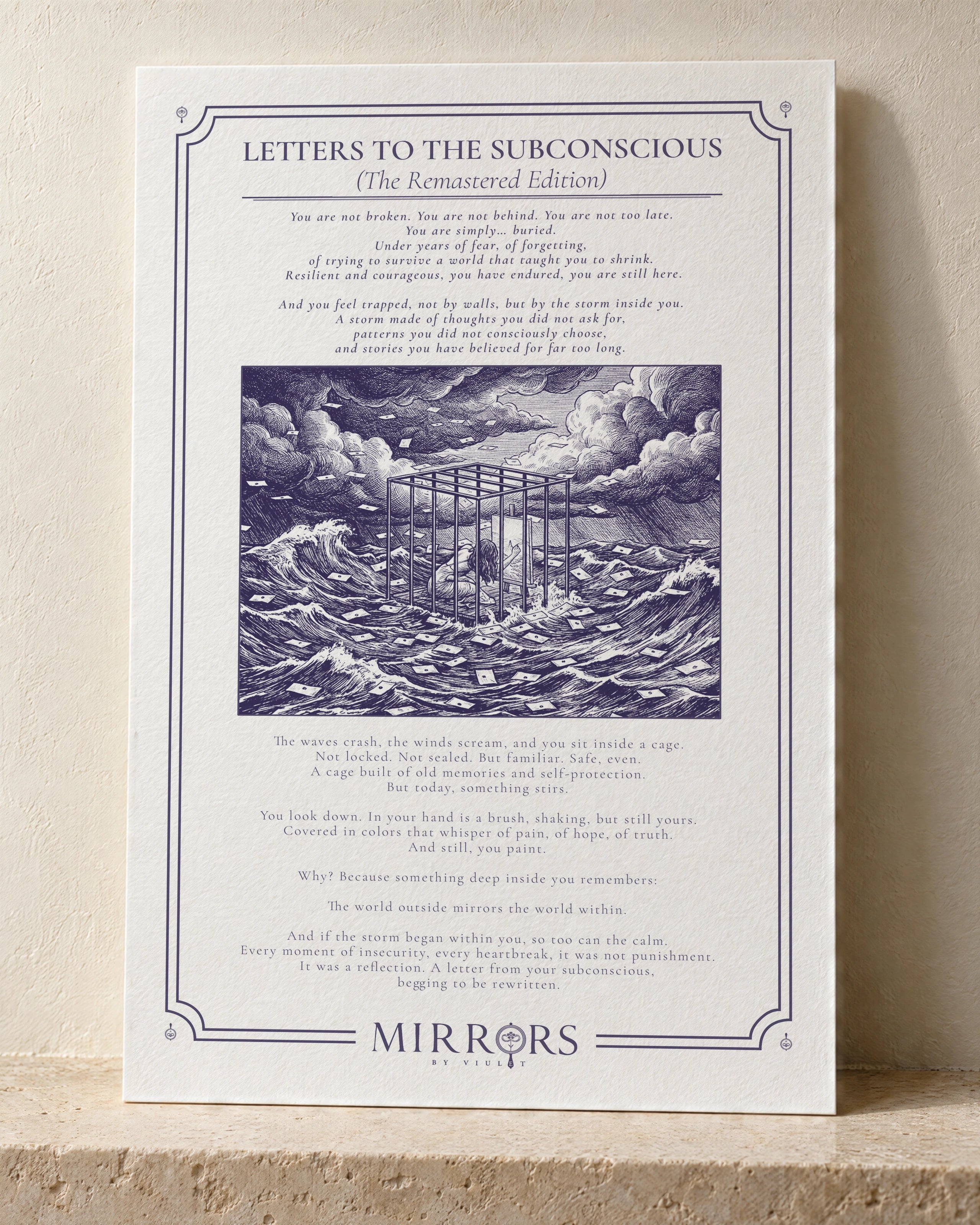 The illustrated manuscript in muted purple, resting in soft light